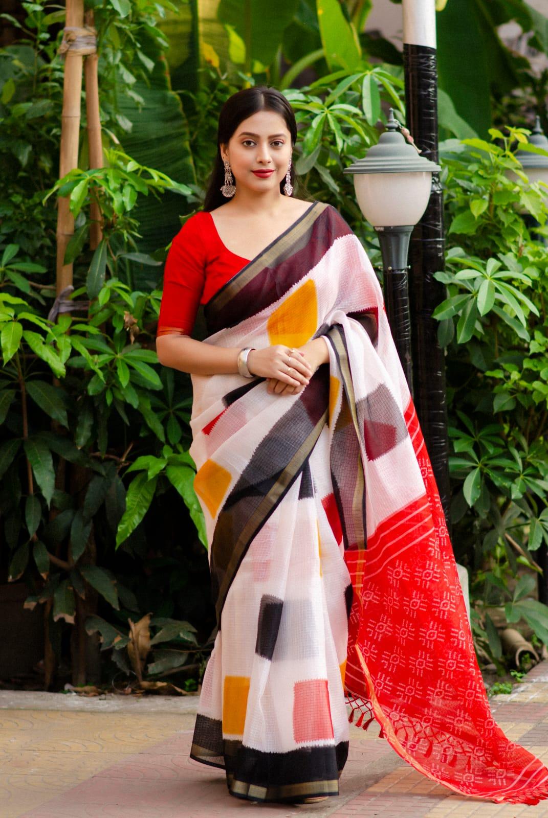 White Polycotton Ethnic Motifs Saree with Unstitched Blouse - Hiral Fashion