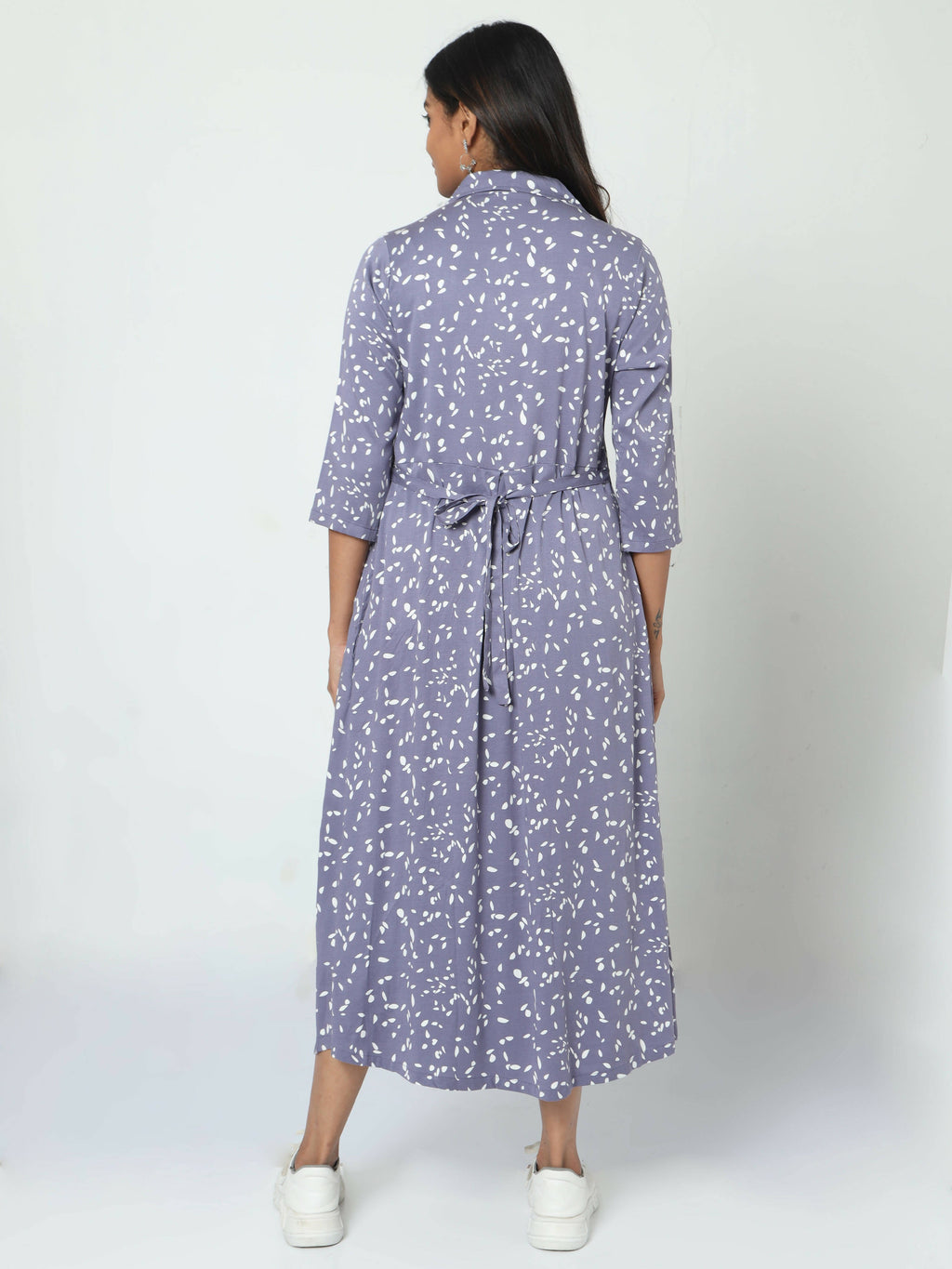Manet Three Fourth Maternity Dress White Dot Print With Concealed Zipper Nursing Access - Blue