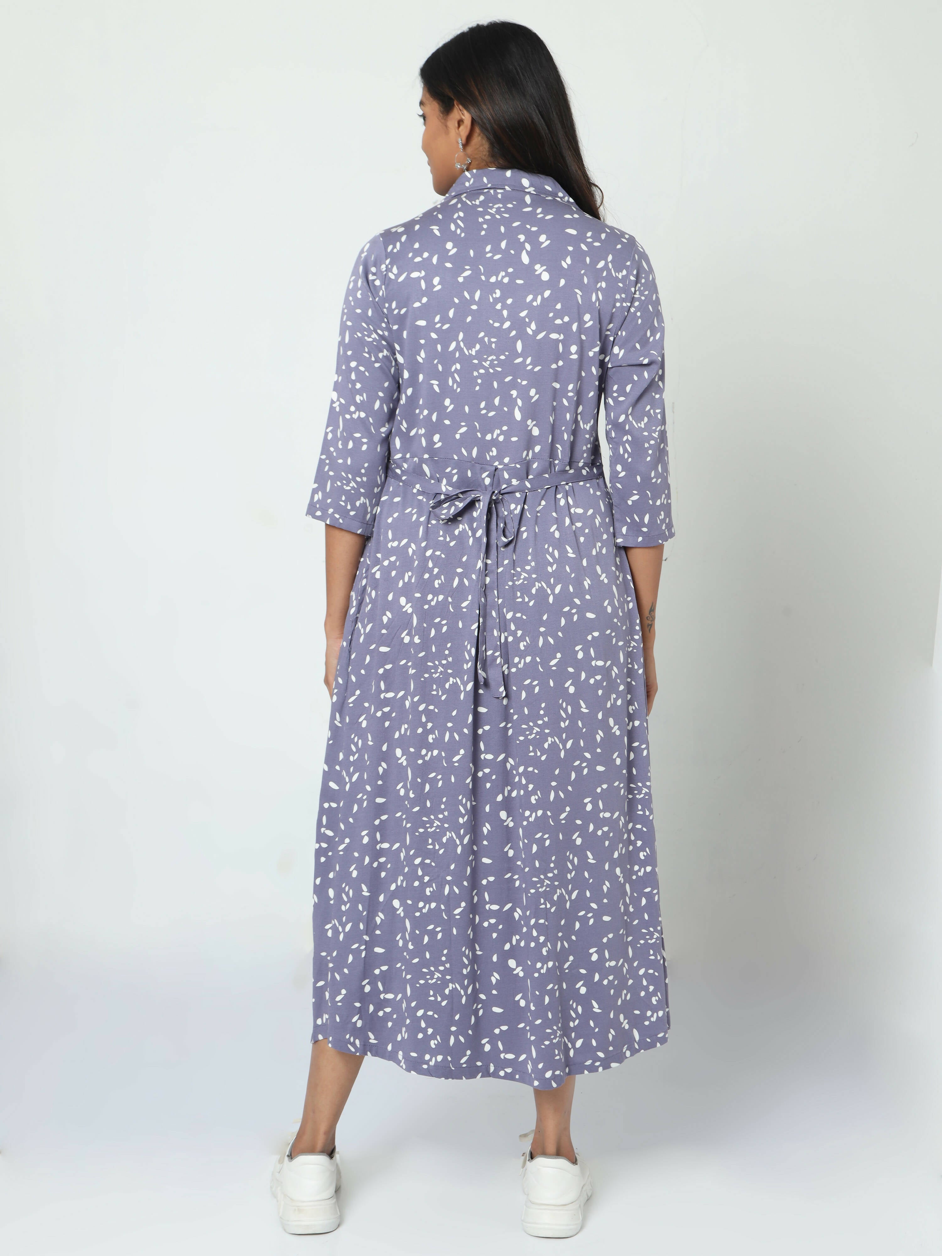 Manet Three Fourth Maternity Dress White Dot Print With Concealed Zipper Nursing Access - Blue