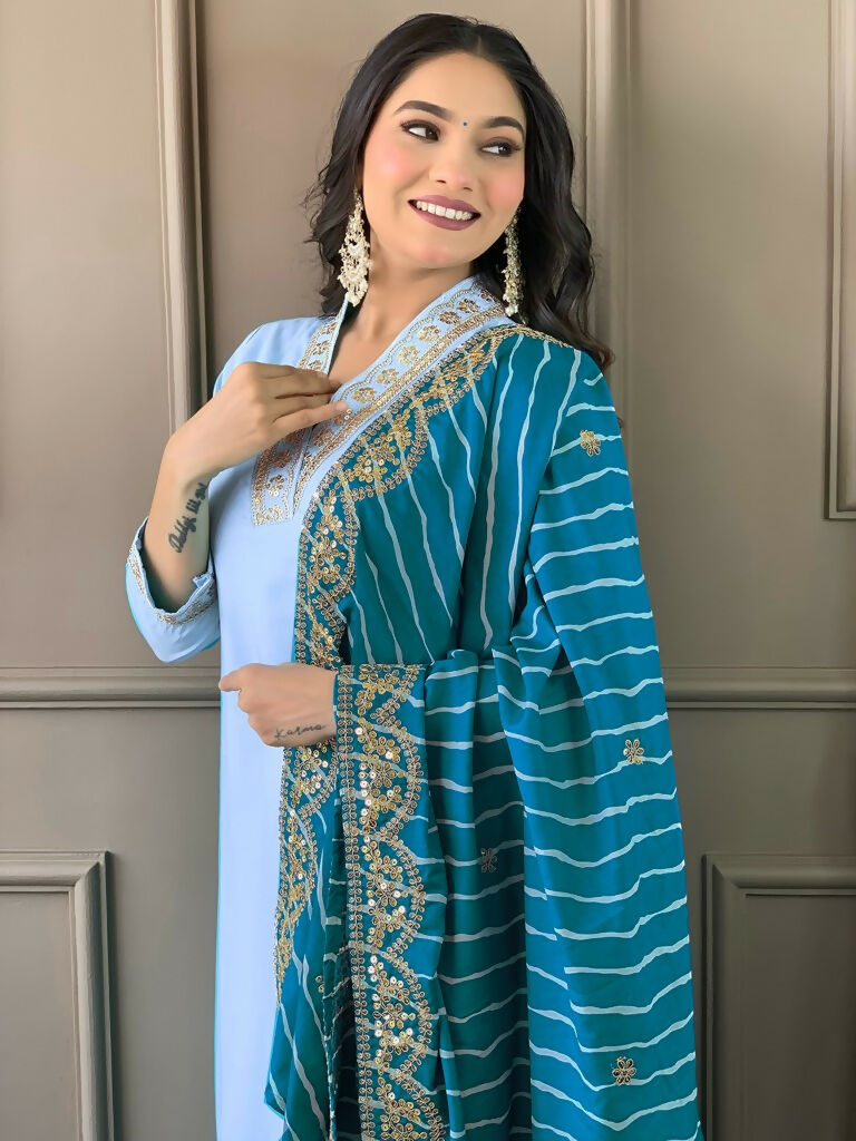 Partywear Designer Viscose Silk Blend Sky Stitched Suit With Dupatta - Tanisha