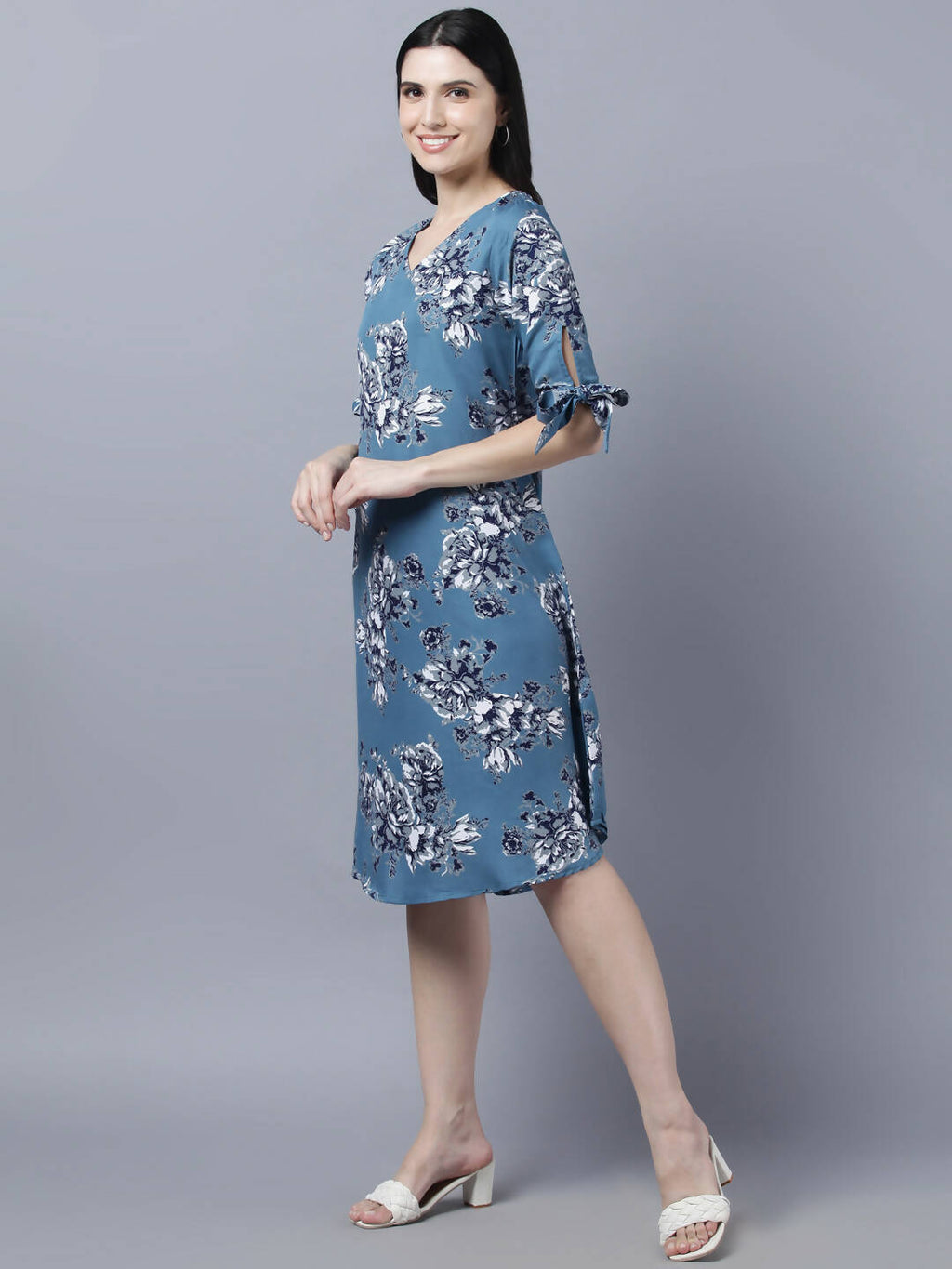 Myshka Women Teal Blue Grey Printed A-line Dress
