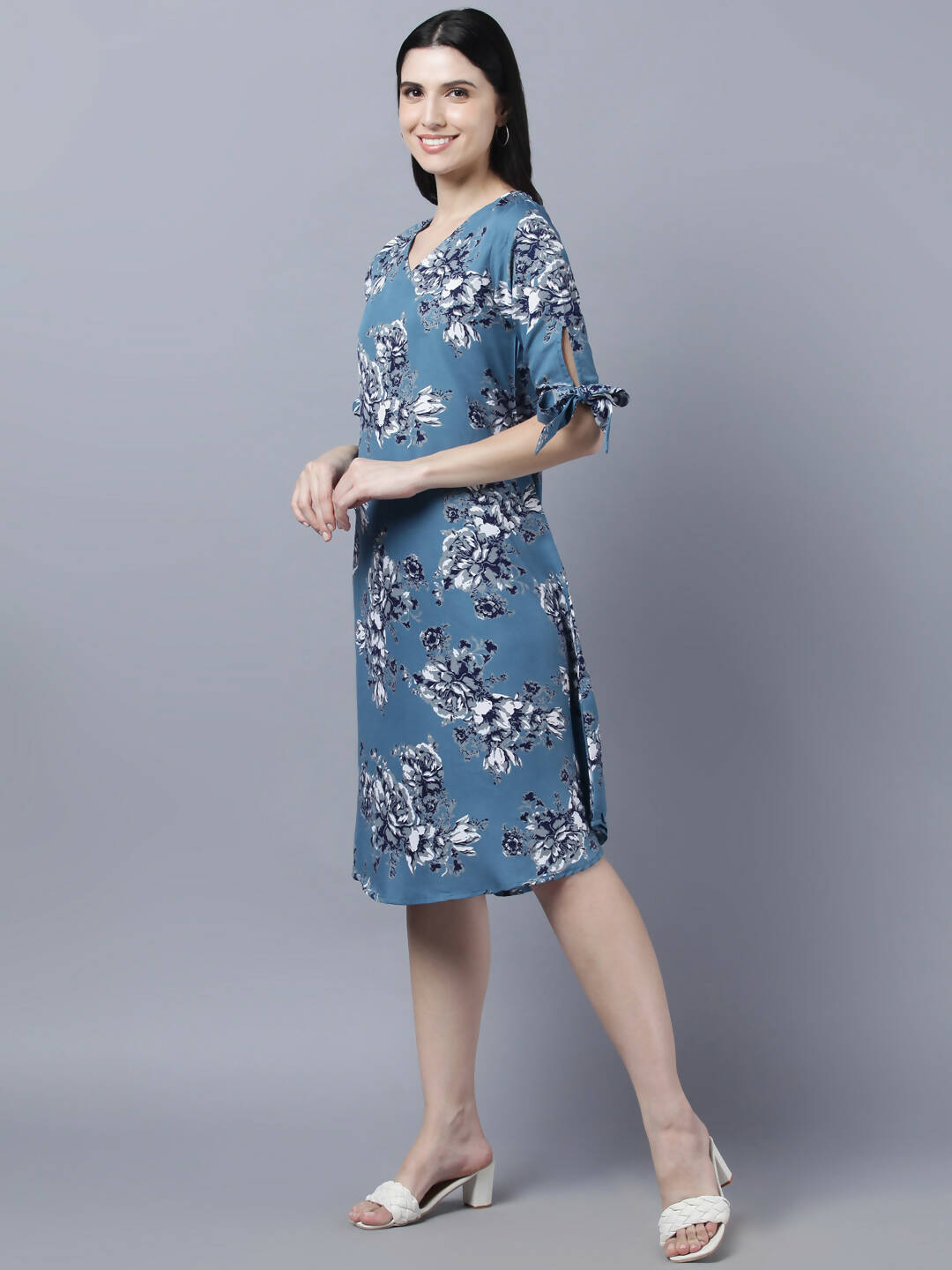 Myshka Women Teal Blue Grey Printed A-line Dress