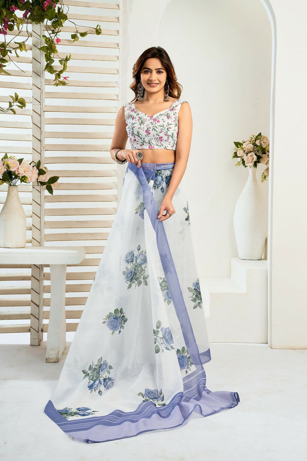 Vastranavya Blue Digital Printed Linen Ready To Wear Designer Saree with Unstitched Blouse