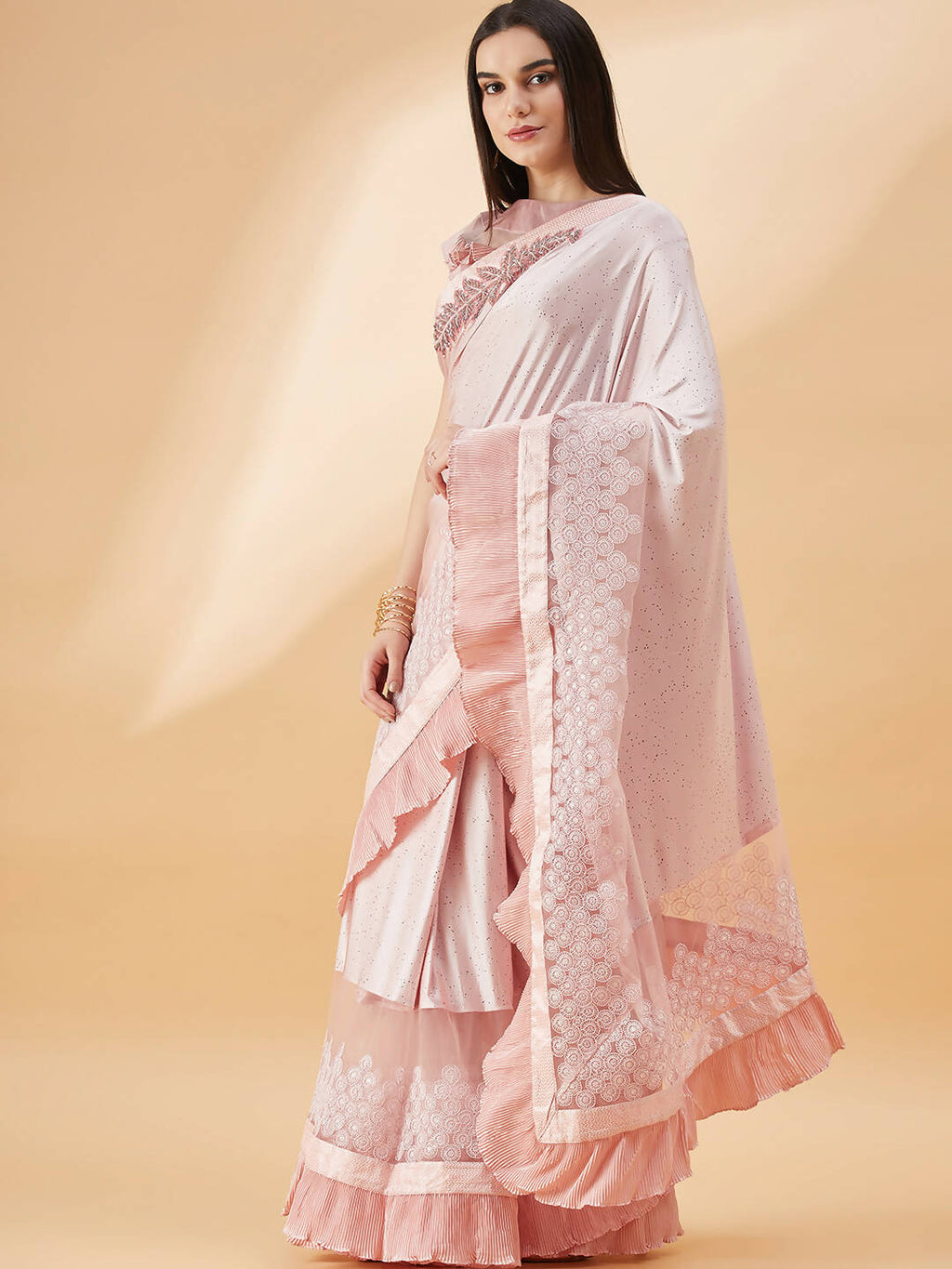 Pink Lycra Frill Details, Hand Embroidered Brooch Saree - Norita Hit Design