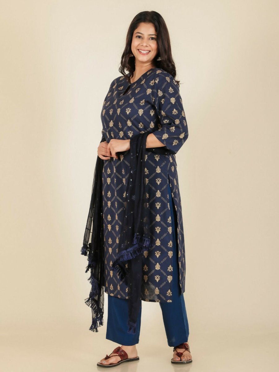 Aramya Straight Soft Cotton Floral Print Women's Kurta Set - Blue