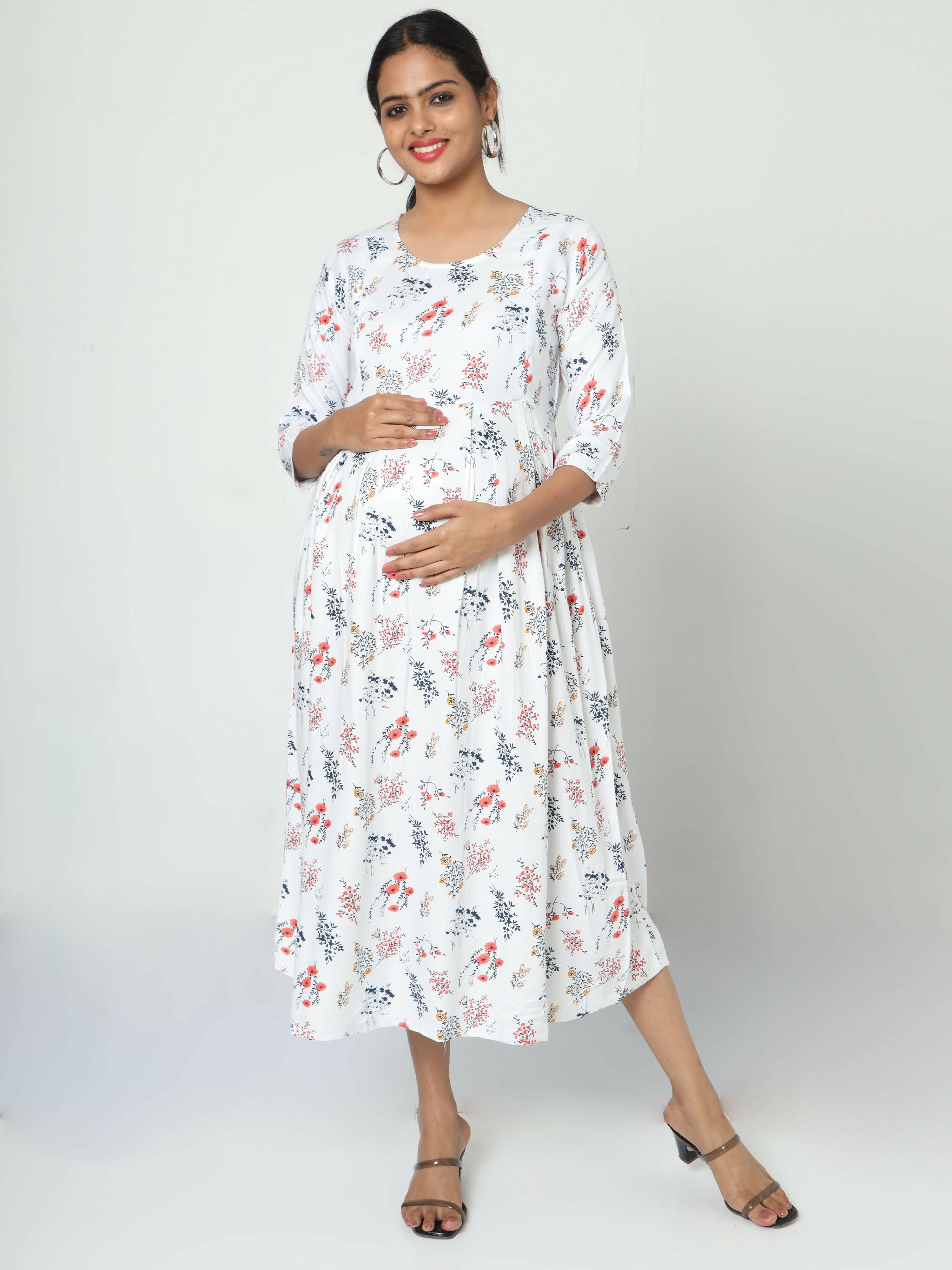 Manet Three Fourth Maternity Dress Floral Print With Concealed Zipper Nursing Access - White