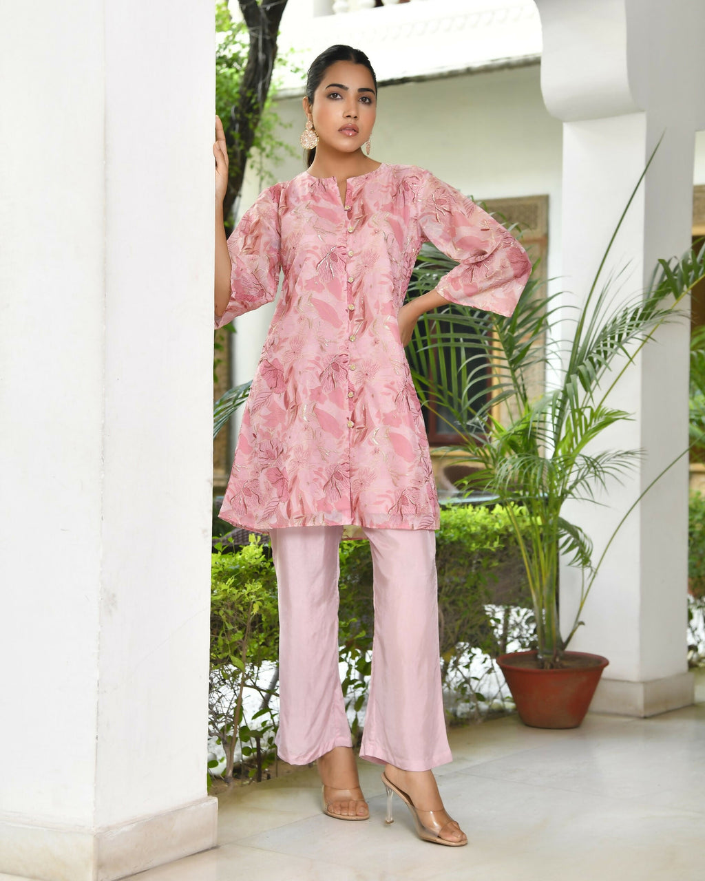 Vaasva Women's Pink Organza Digital Printed Cord Set