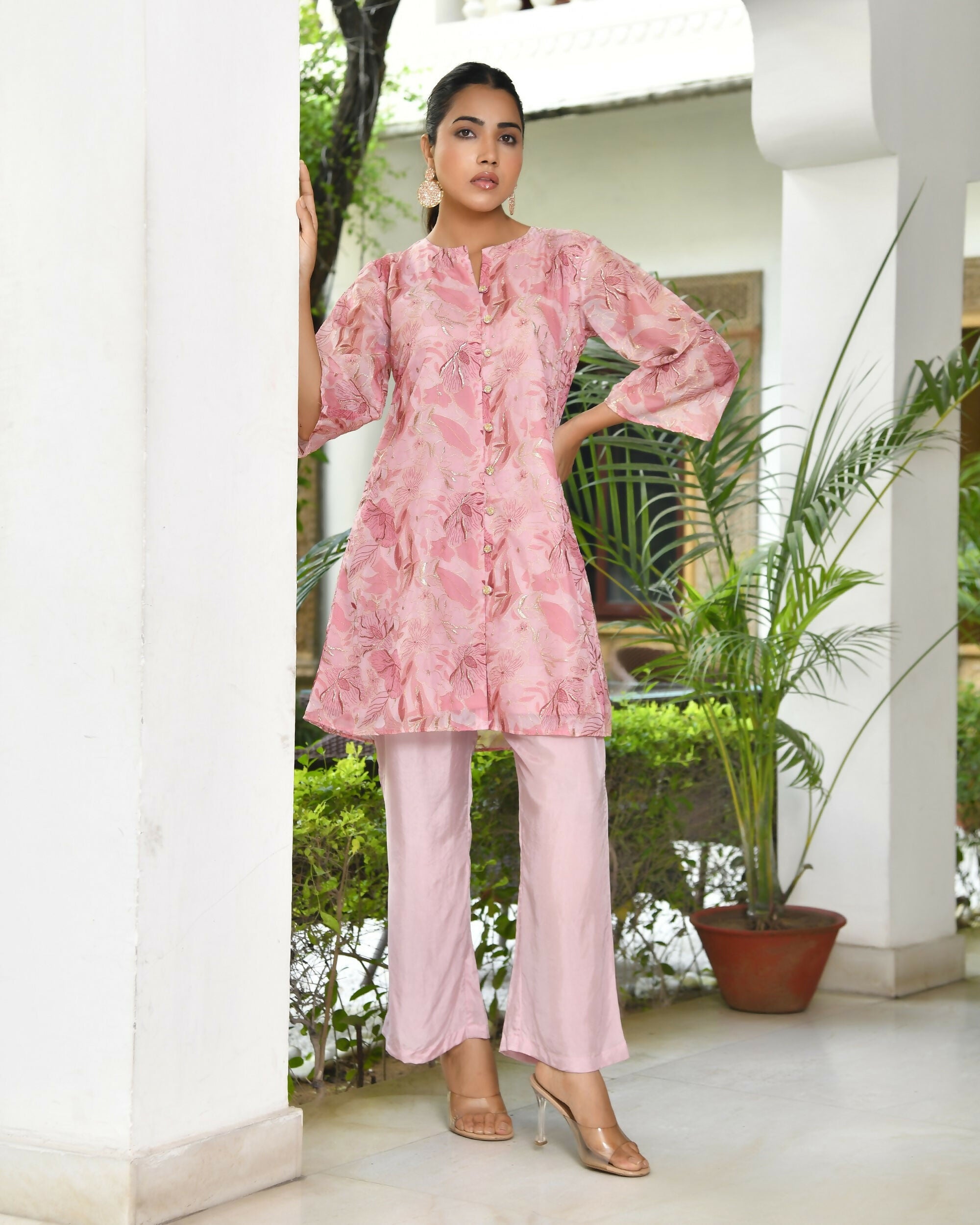 Vaasva Women's Pink Organza Digital Printed Cord Set