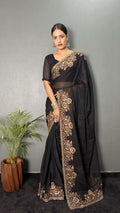 Vastranavya Black Rangoli Silk Zari work with DMC Swarovski work Ready to Wear Saree