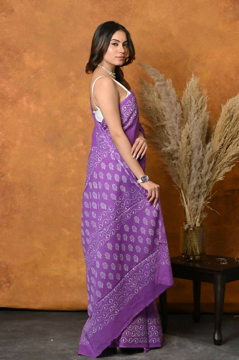 Very Much Indian Handblock Printed Cotton Saree With Natural Dyes - Purple