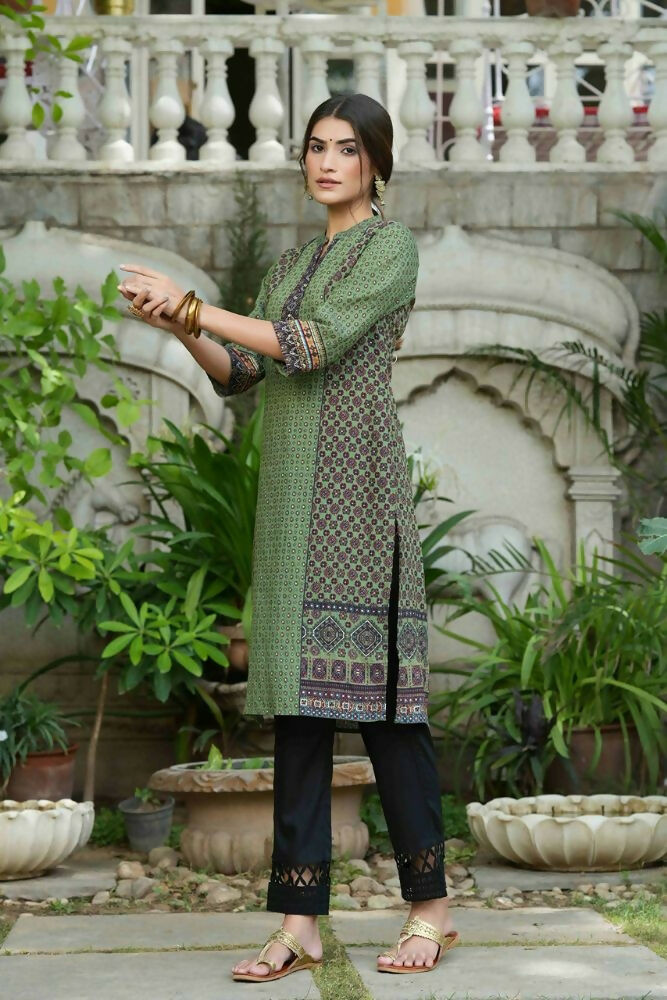 Juniper Green Ethnic Motif Printed Rayon calf length Kurta with Beads & Gota Work