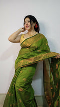 Exclusive Collection Beautiful Olive Green Cotton Silk Woven Handloom Saree With Running Blouse Piece