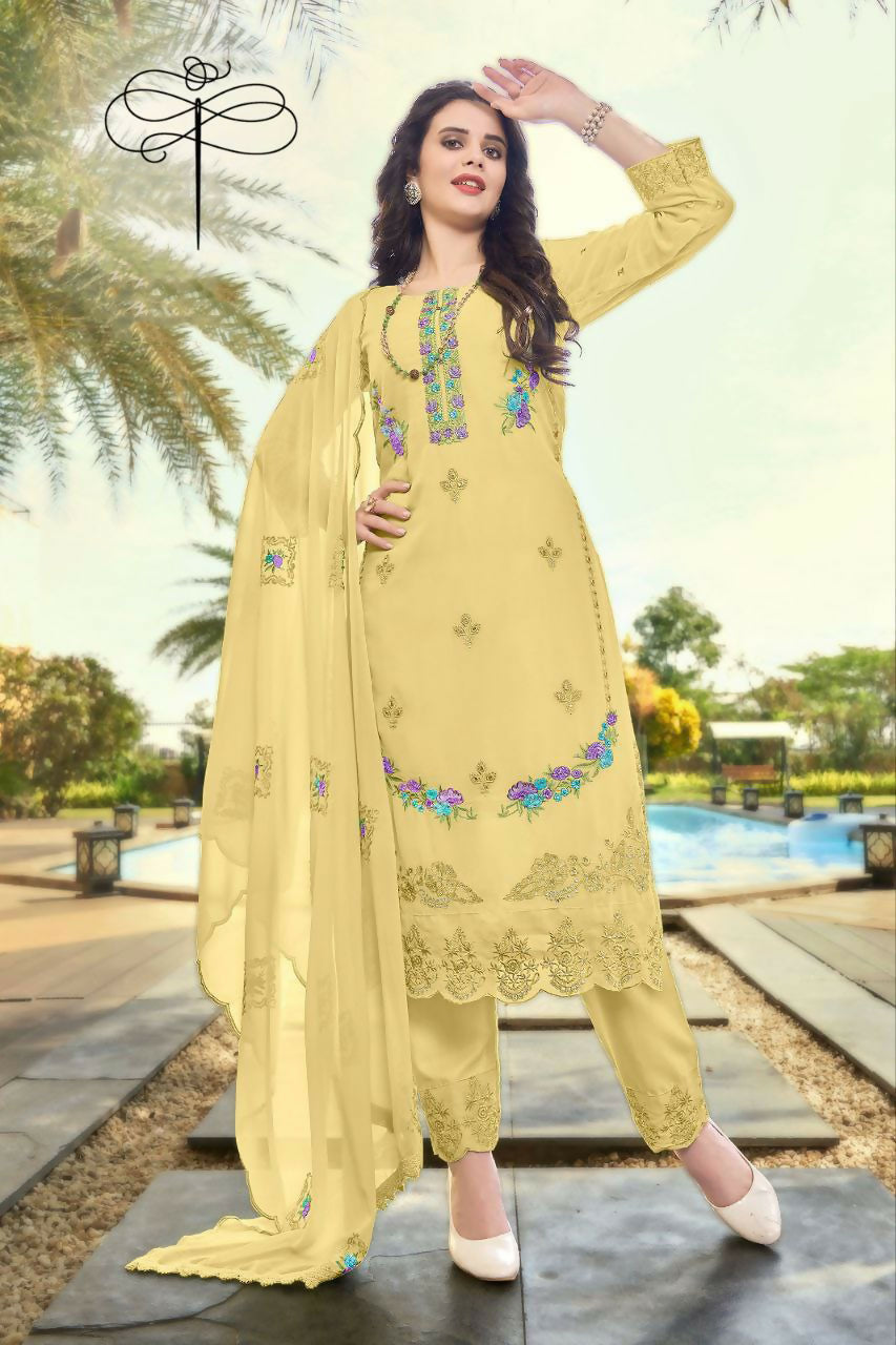 Jyoti Fashion Women's Light Yellow Faux Georgette Heavy Embroidery and Moti Work Kurta Set