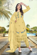 Jyoti Fashion Women's Light Yellow Faux Georgette Heavy Embroidery and Moti Work Kurta Set