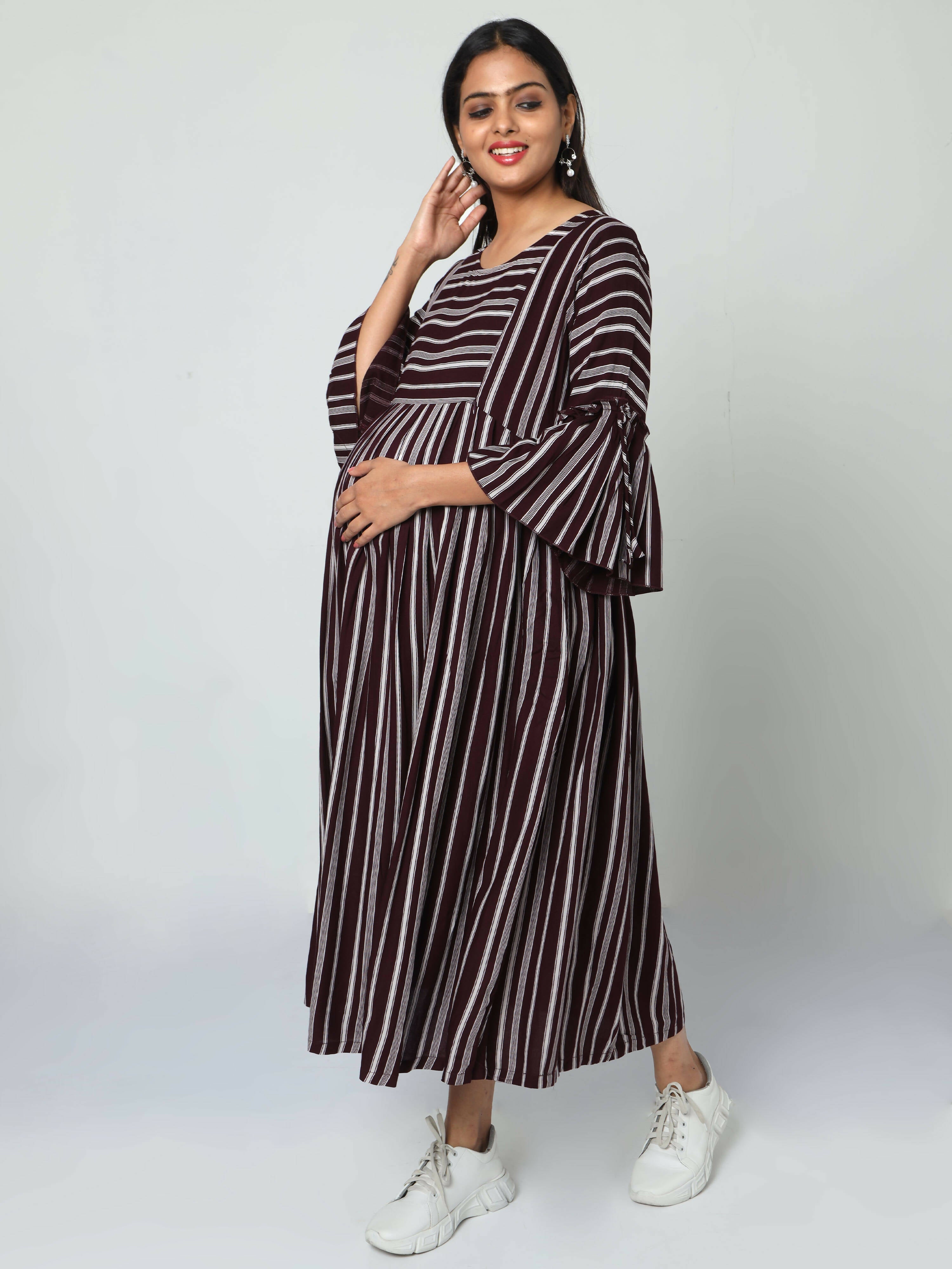 Manet Three Fourth Maternity Dress Striped With Concealed Zipper Nursing Access - Brown
