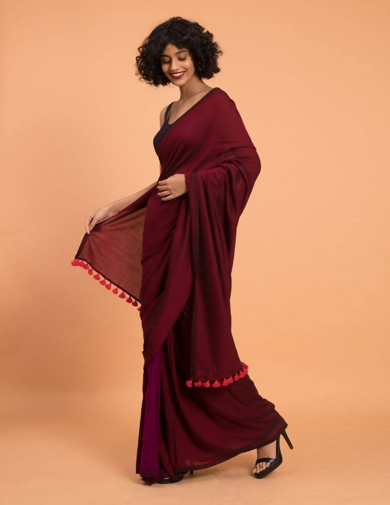 Suta Purple Maroon Colourblocked Cotton Acrylic Saree