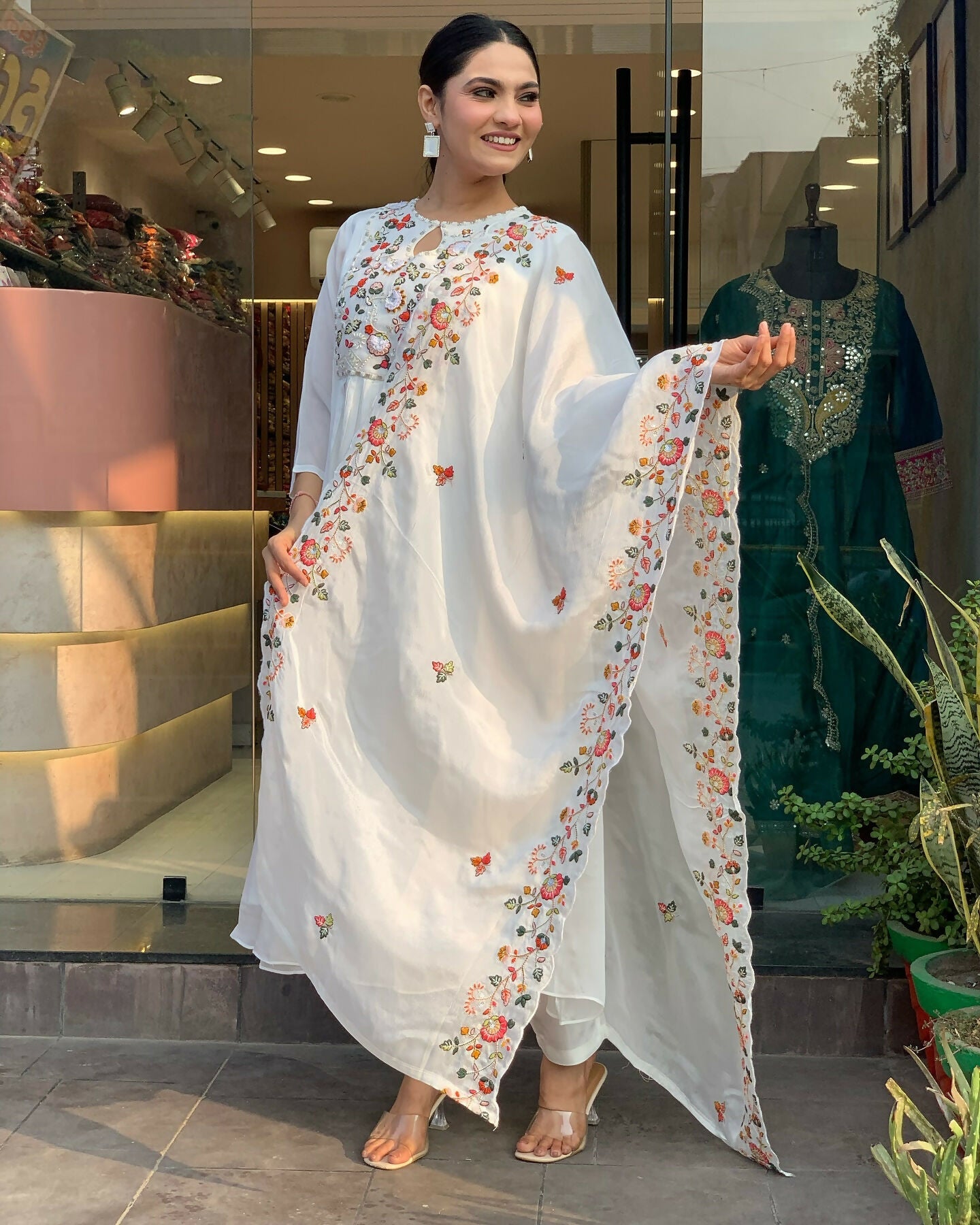 The52 White Women's Gorgeous Embroidered Viscose Chiffon Fabric Pleated Kurta Pant with Dupatta Set