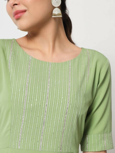 FIORRA Women's Pista Green Poly Crepe Flared Kurta With Dupatta