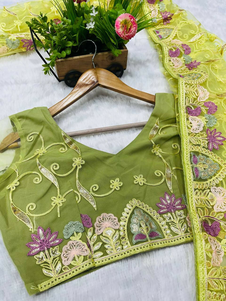 Vastranavya Soft Crush Georgette With Embroidery and Foil Multi Thread Work Saree - Light olive