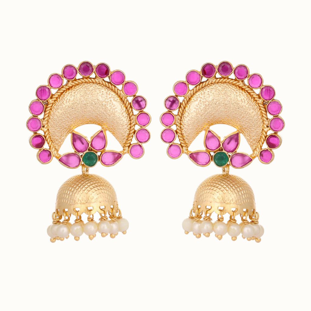 Nuyug 22K Gold Plated Ruby & Pearl Studded Dome Shaped Jhumkas