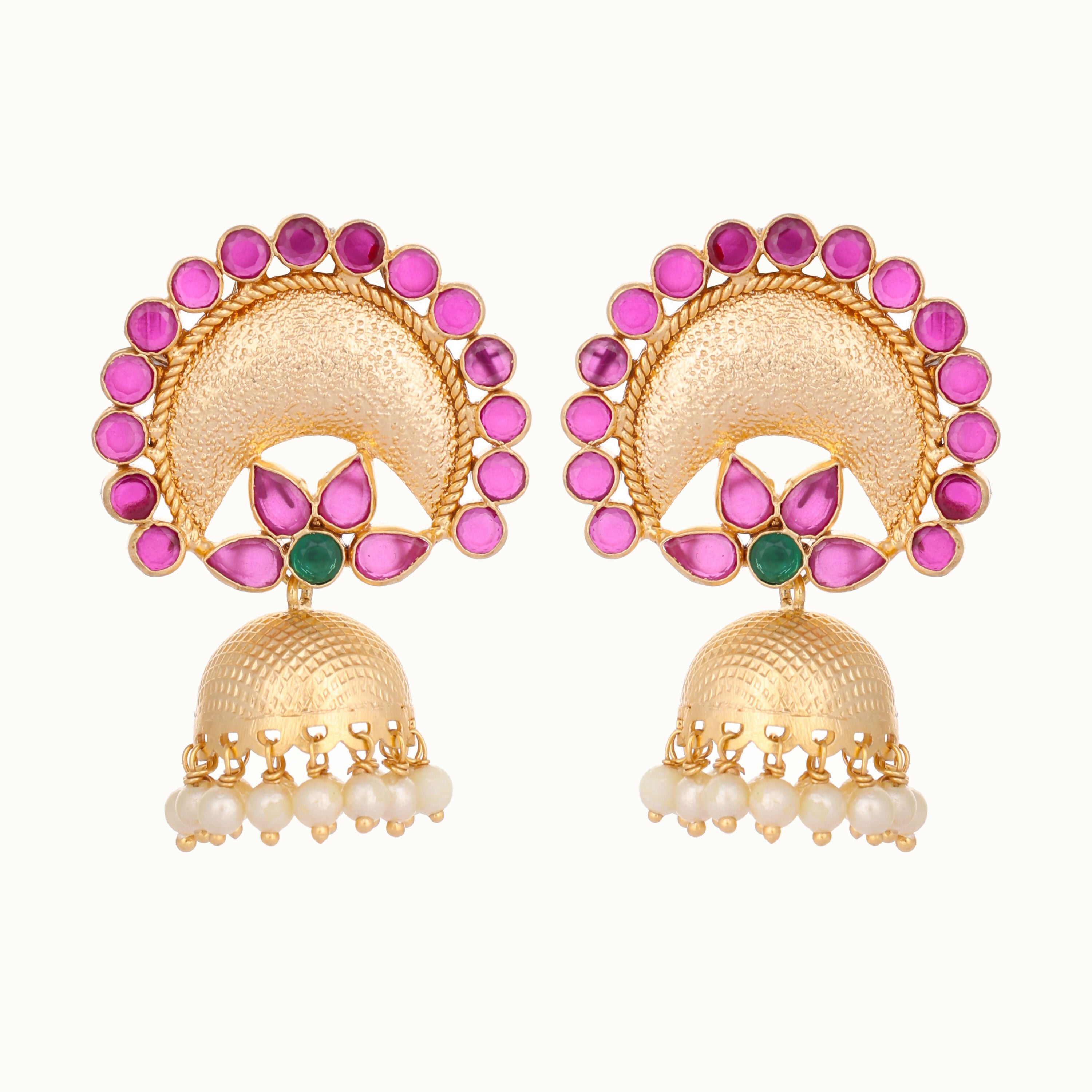 Nuyug 22K Gold Plated Ruby & Pearl Studded Dome Shaped Jhumkas