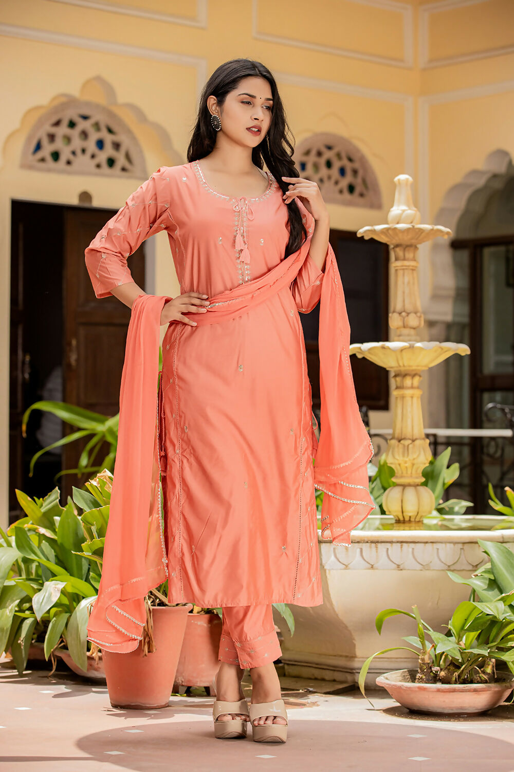 Kaajh Women's Rust Modal Silk Kurta Pant Set With Dupatta