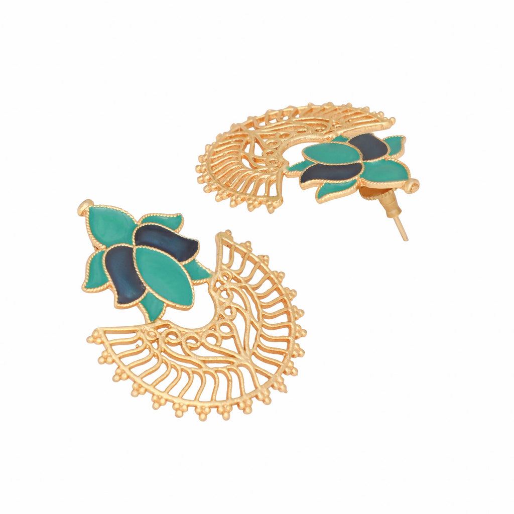 Nuyug 22K Gold Plated Turquoise Enamel Studded Indo-Western Floral Jali Statement Stud Earrings