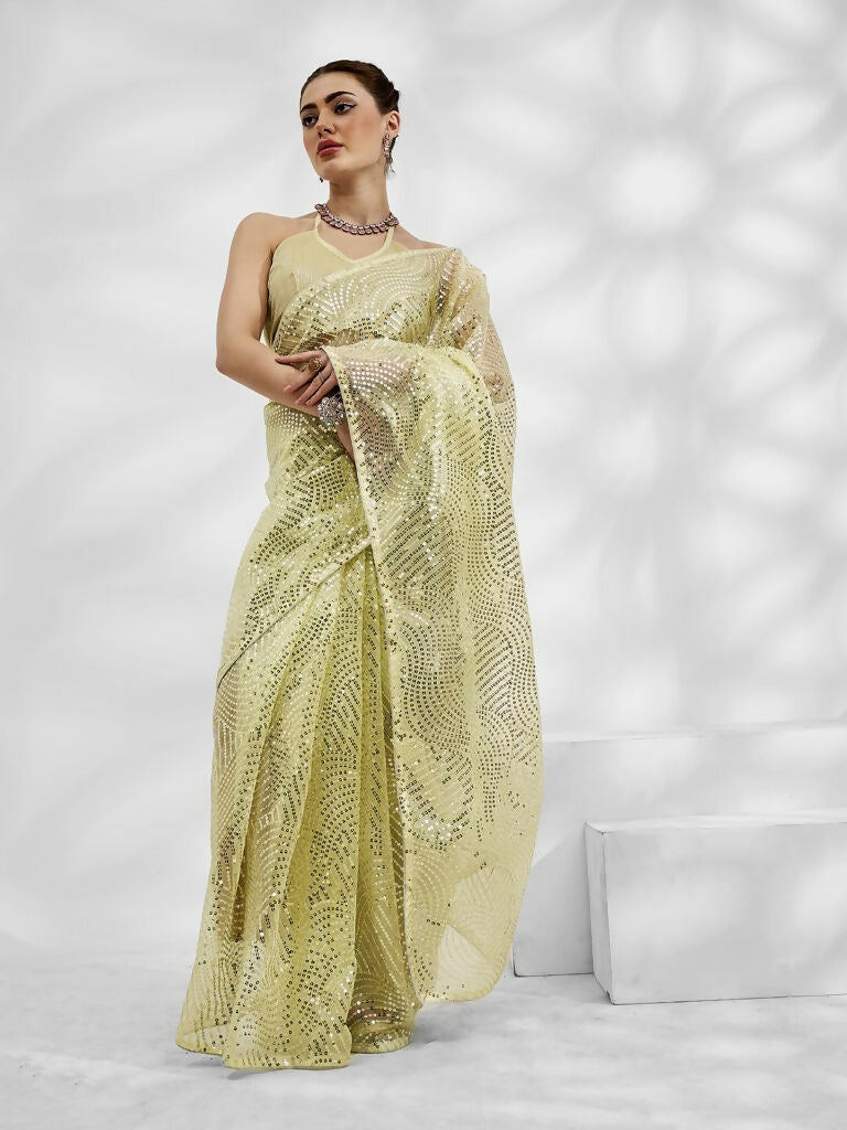 Light Green Net Organza Sequance,Thread Embroidery Work Saree with Unstitched Blouse - Vandini