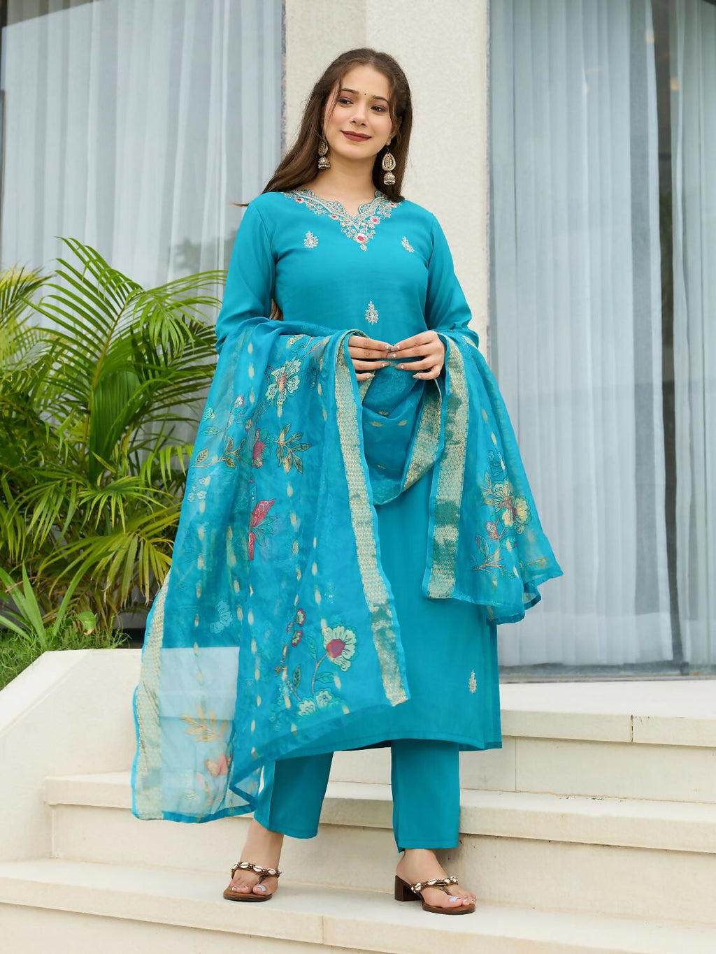 The52 Blue Women's Gorgeous Viscose Fabric Embroidered Work Straight Kurta, Pant and Dupatta Set