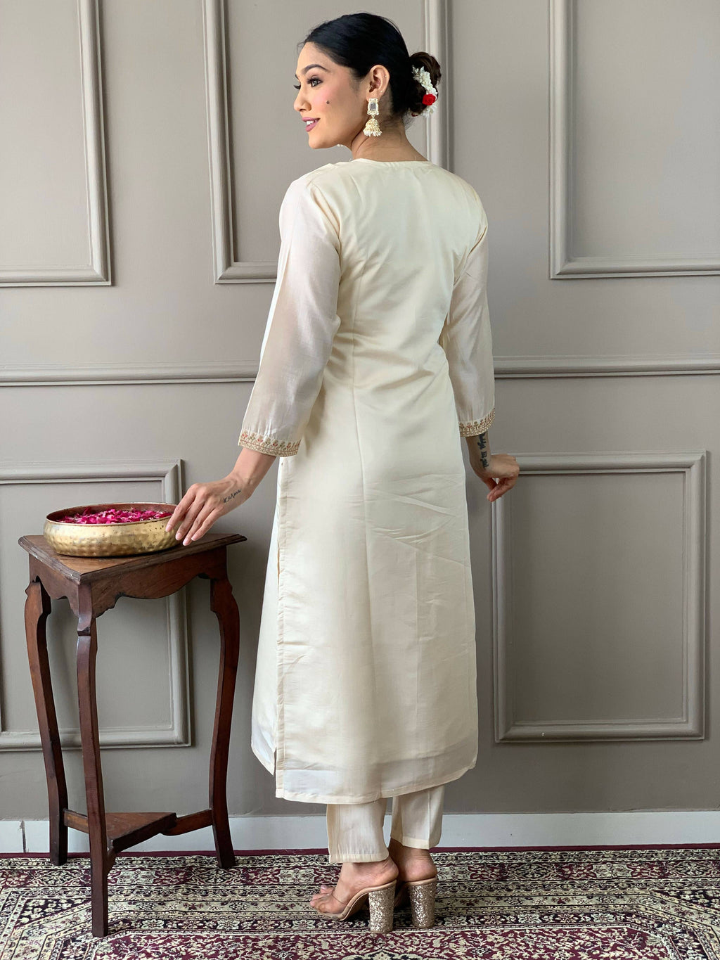 Partywear Designer Viscose Chanderi Off White & Pink Stitched Suit With Dupatta - Anbazaar