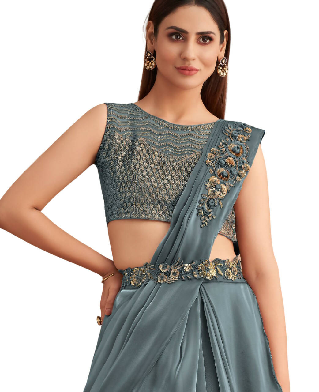 Blue Satin Embroidered Ready To Wear Saree With Unstitched Blouse Piece - Nandika