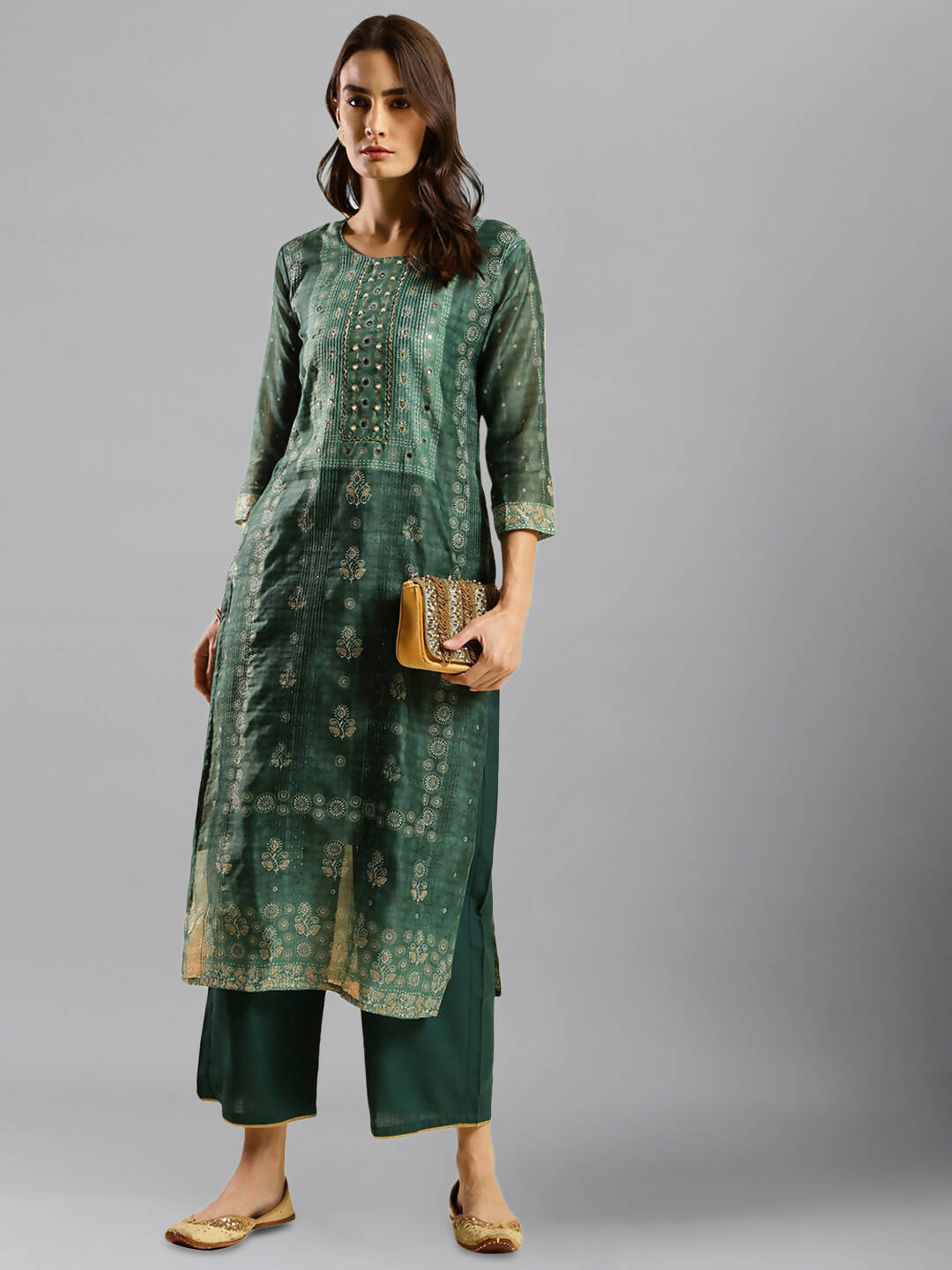 Sea Green Chinon Digital Printed With Hand Work Kurta - Himanshi