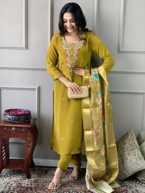 The52 Mustard Gorgeous Embroidered Viscose Chanderi Fabric Straight Kurta Pant with Dupatta Set
