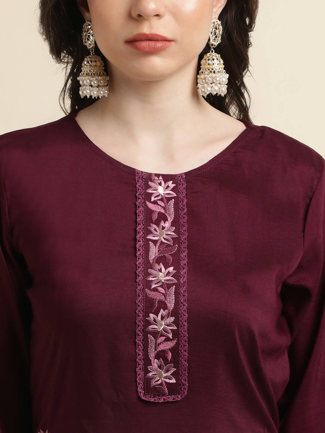 Purple Chinon Silk Embroidered Straight Kurta with Trouser & Dupatta - Salimar