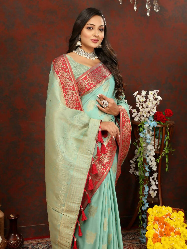 Lorenvalley Fashion Skyblue Cotton Woven Design with Zari Weaving Design Saree