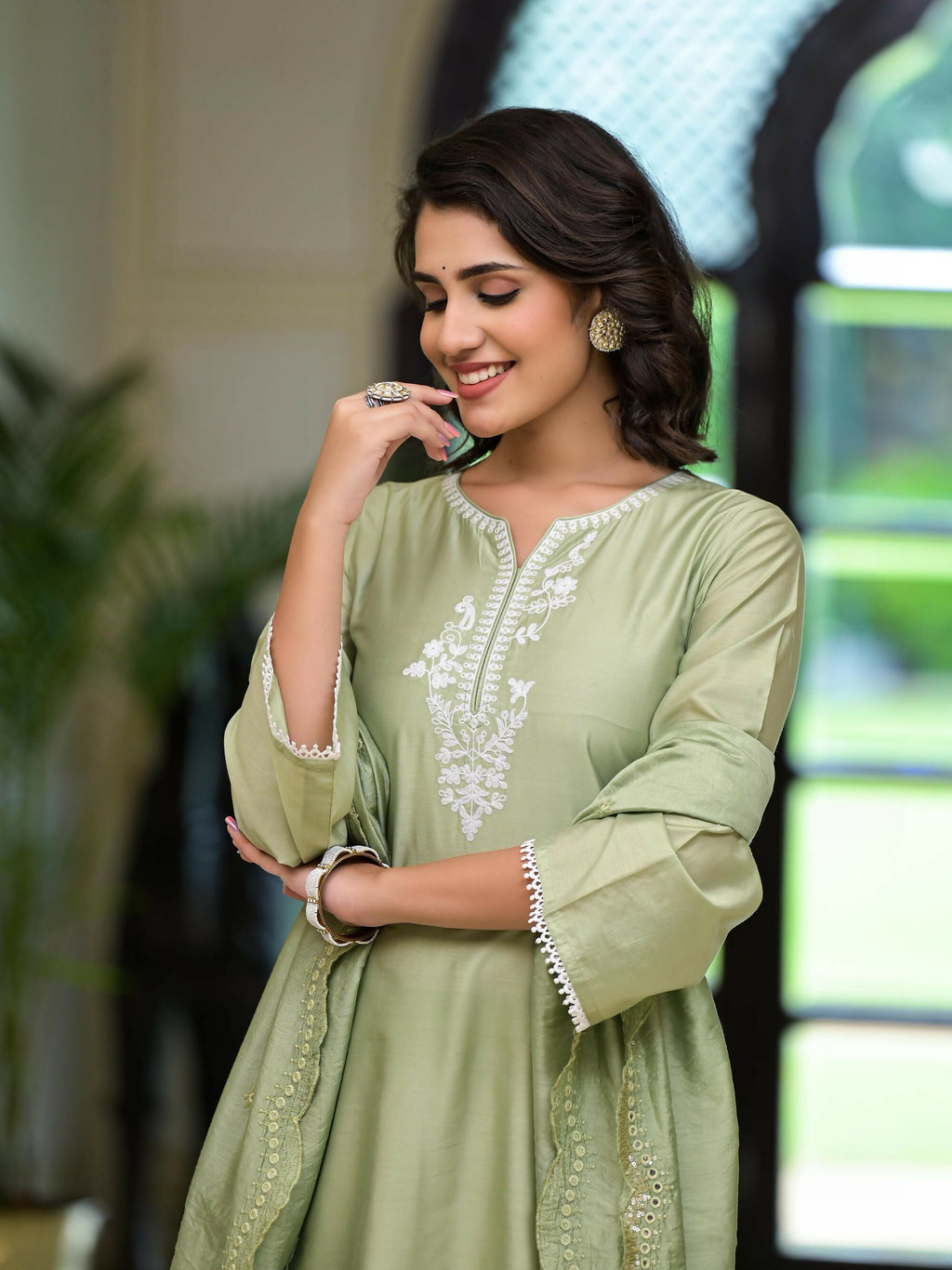 Juniper Women's Olive Thread Embroidered Viscose Kurta Palazzo And Dupatta Set With Thread & Mirror Work