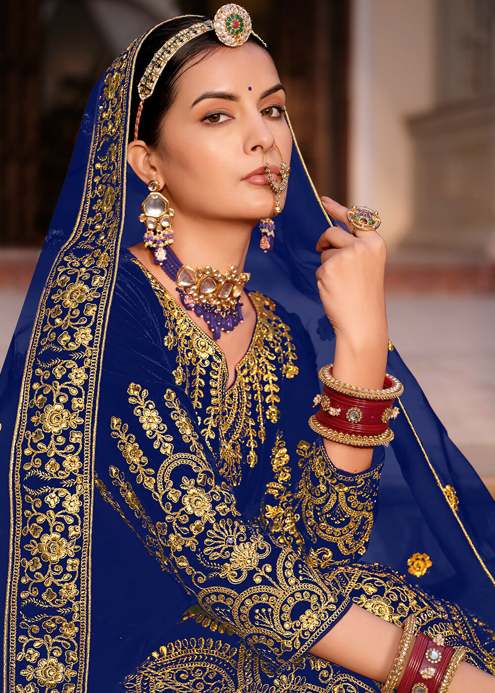 Blue Velvet Front & Back Embroidery Wedding Anarkali Suit - Emponline