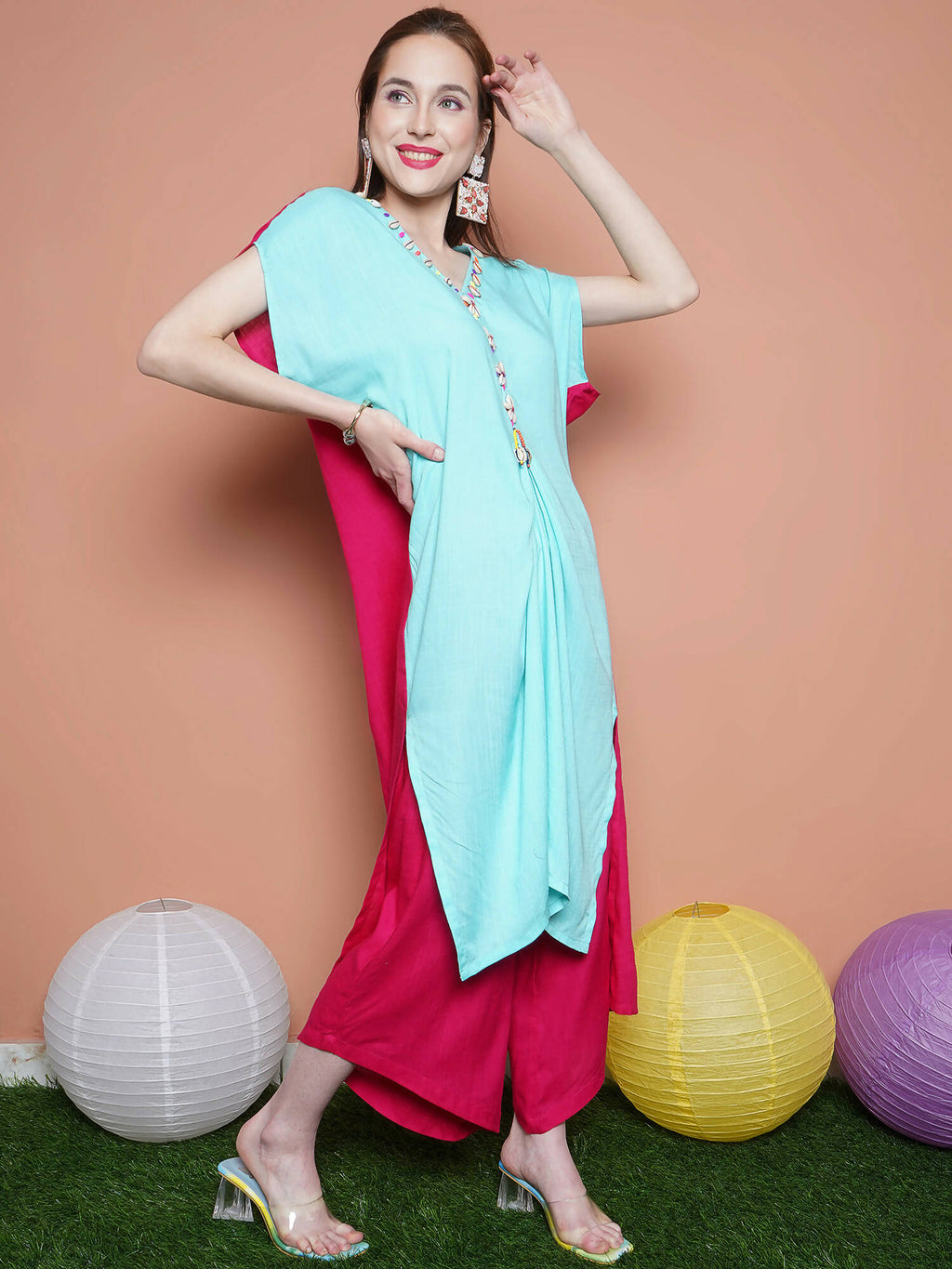 Women Republic Blue And Pink Assyemtrical Kurta Set