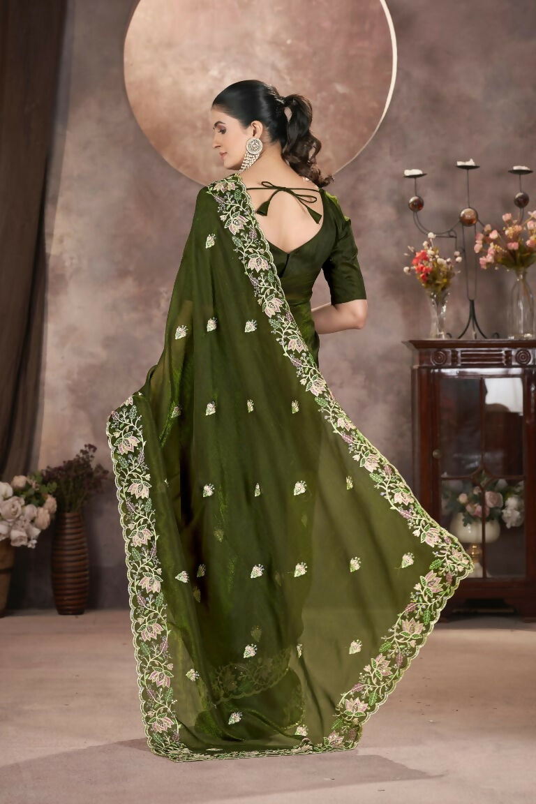 Vastranavya Gold Crunchy Multi Colour Threads Embroidery Work with Sequins Work Saree with Blouse material - Mehendi