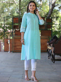Juniper Women's Seagreen Cotton Slub Embroidered Straight Kurta