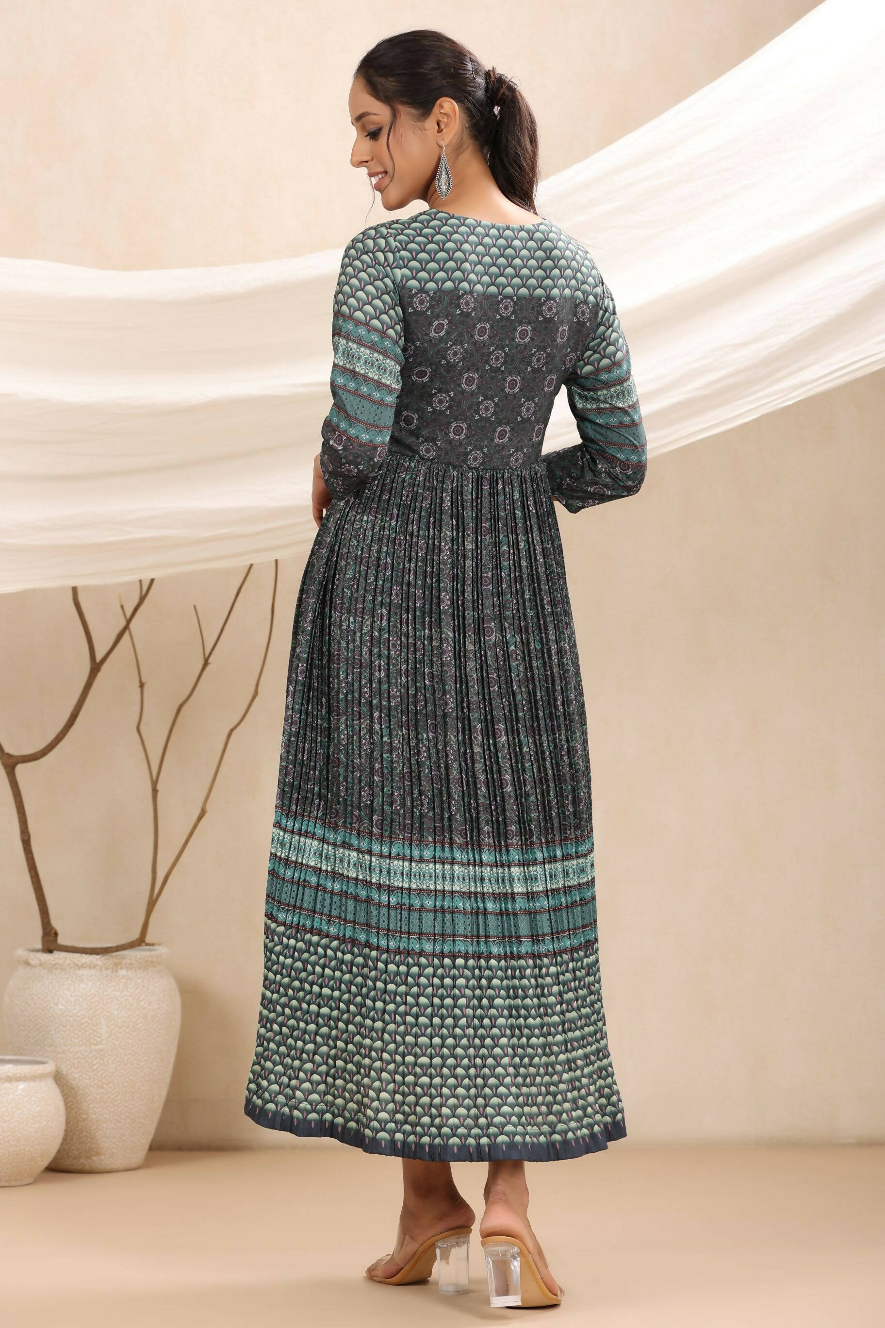 Juniper Bottle Green Muslin Festive Printed Flared Dress For Women