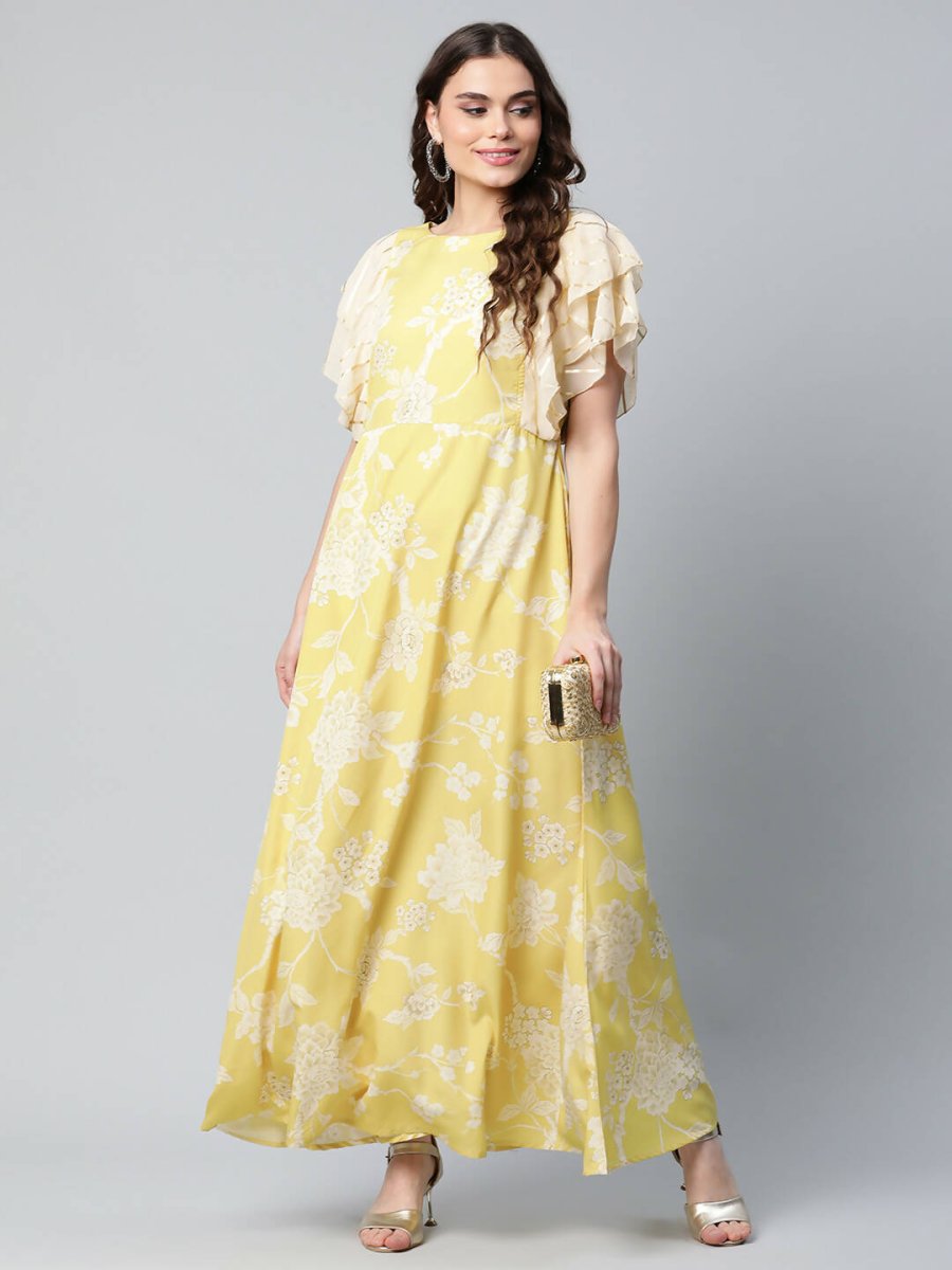 Ahalyaa Womens Lemon Yellow Crepe Floral Dress