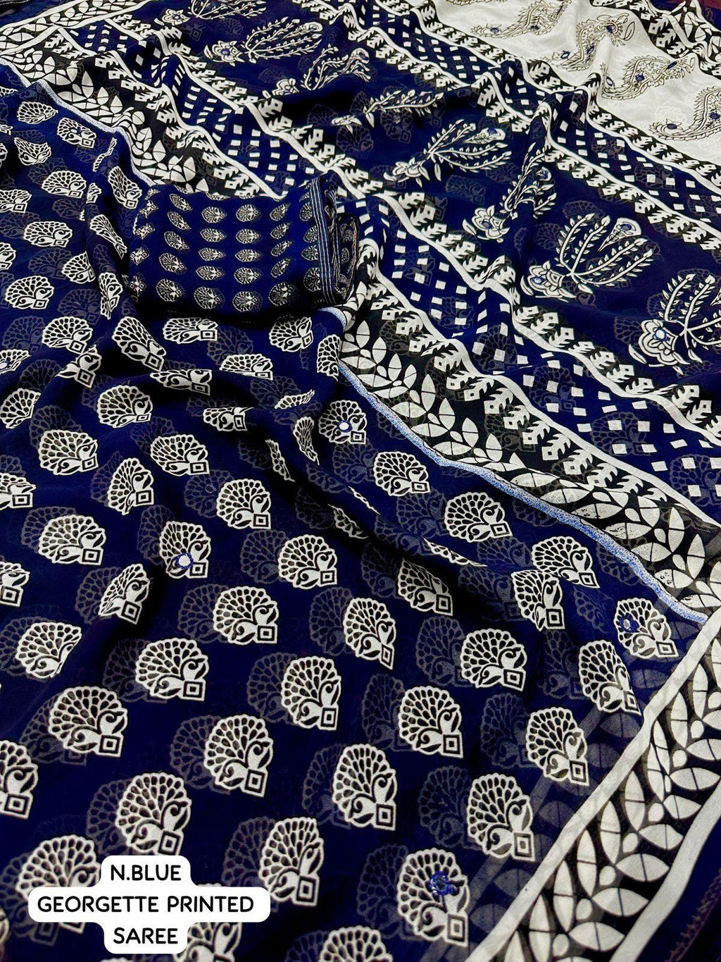 Navy Blue Poly Georgette Ajrak Saree with Unstitched Blouse - Hiral Fashion