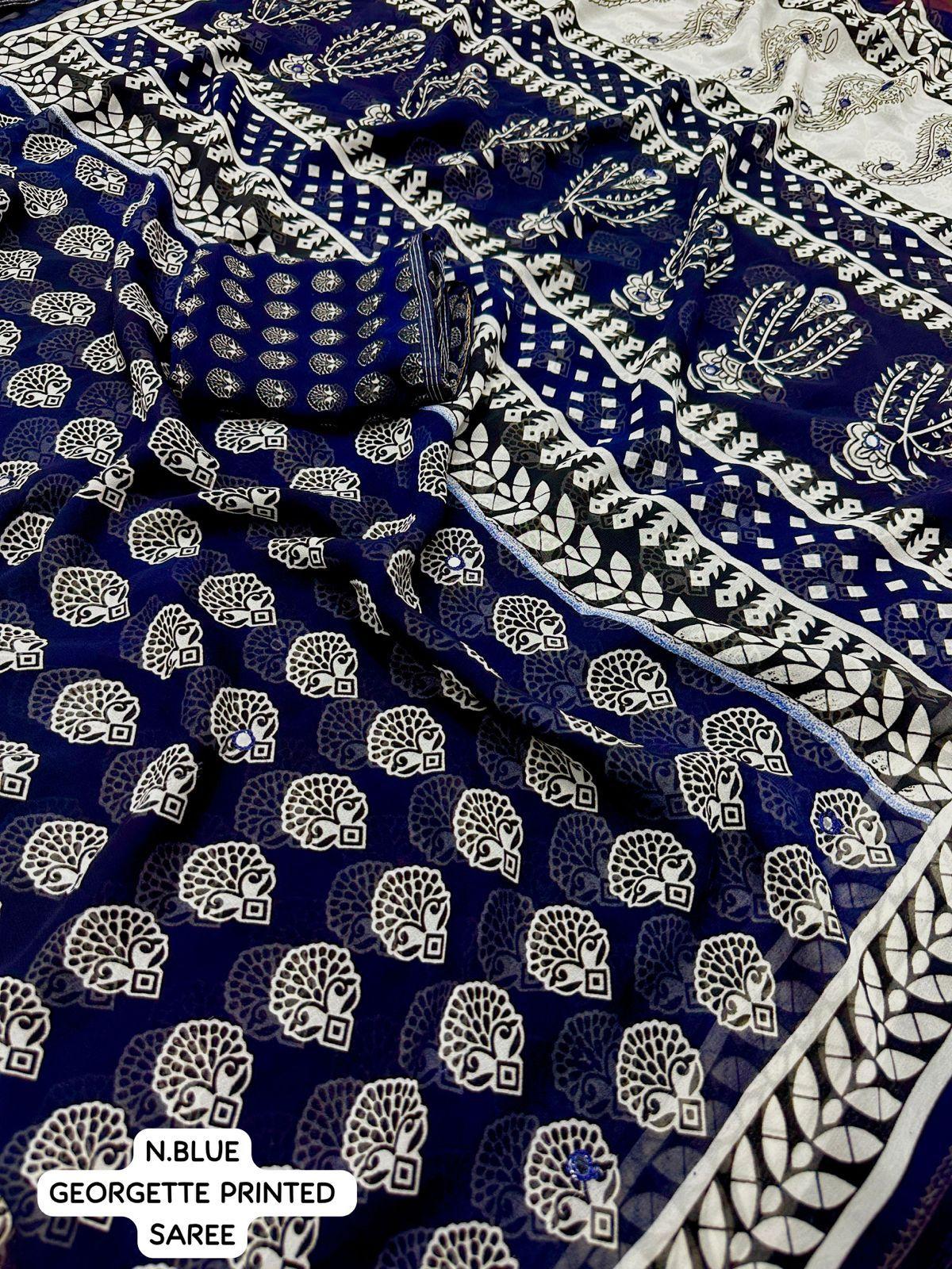 Navy Blue Poly Georgette Ajrak Saree with Unstitched Blouse - Hiral Fashion