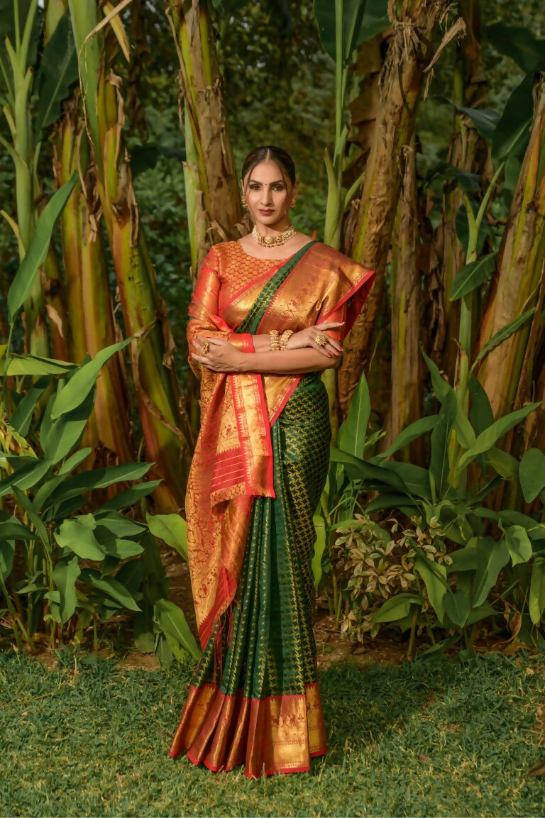 Jyoti Fashion Women's Bottle Green Kanjivaram Silk Zari Woven Saree with Blouse