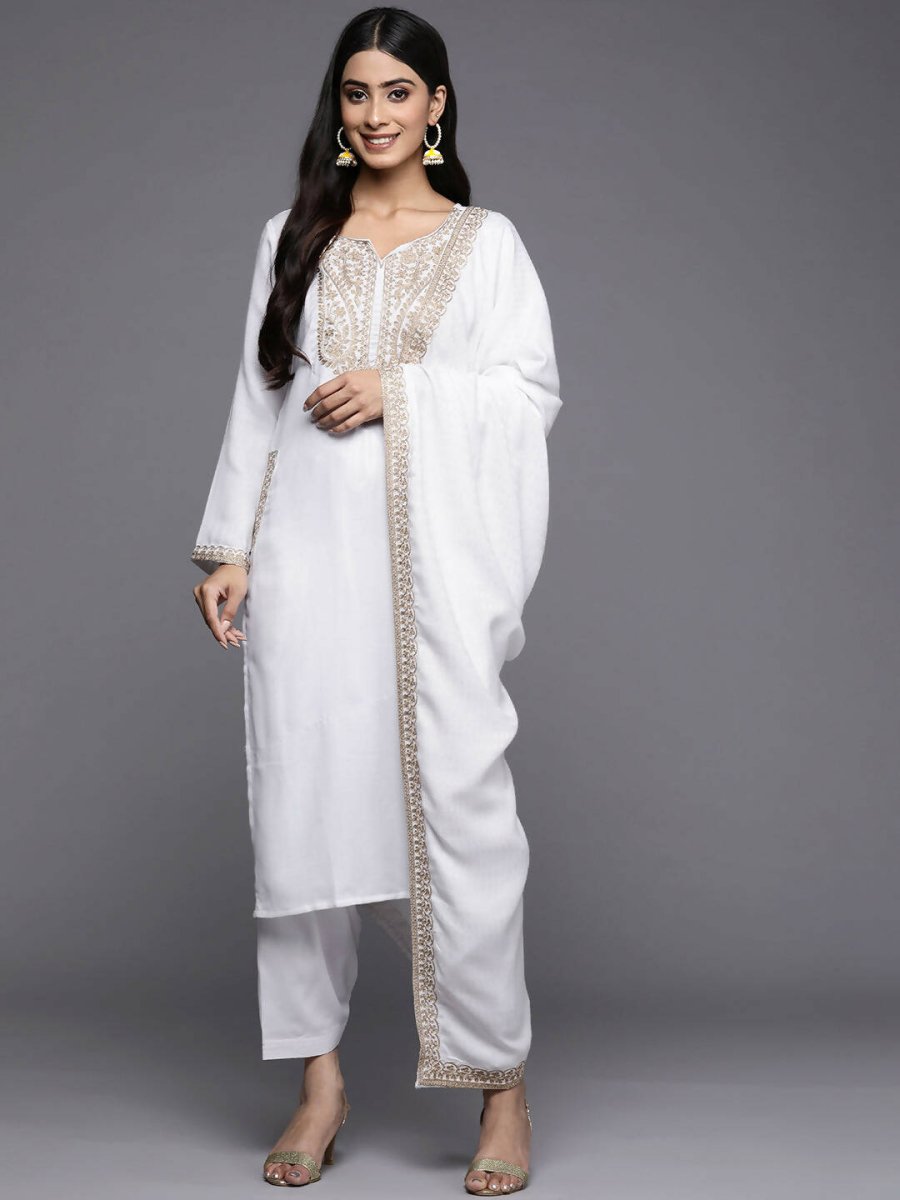 Ahalyaa Women White Ethnic Motifs Embroidered Aari Work Pashmina Kurta with Salwar & With Dupatta