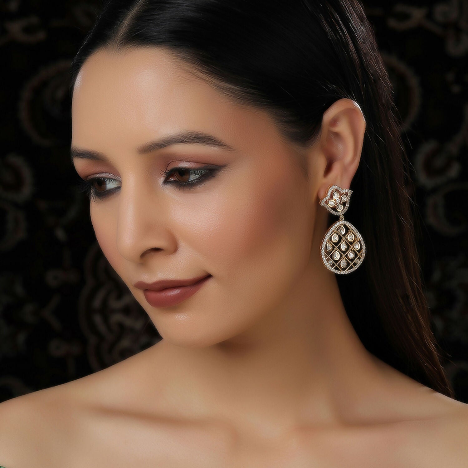 Jhallar Kundan and Diamond Dangler Earrings (Gold) - Ruby Raang