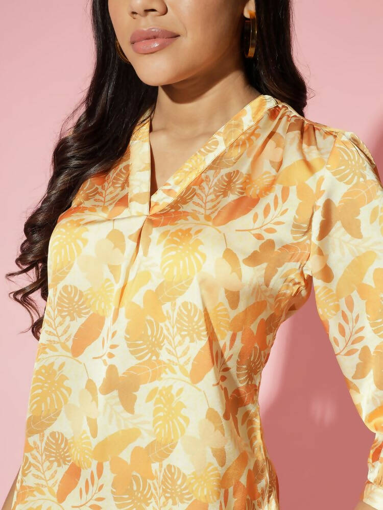 Myshka Women Mustard Floral V-Neck Regular Sleeves Polyester Top