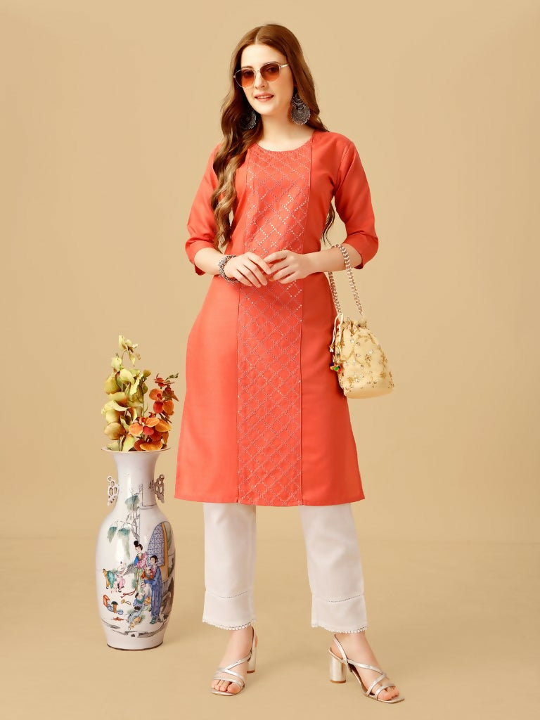 Jyoti Fashion Women's Coral Cotton Blend Embroidered Kurta Pant Set