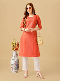 Jyoti Fashion Women's Coral Cotton Blend Embroidered Kurta Pant Set